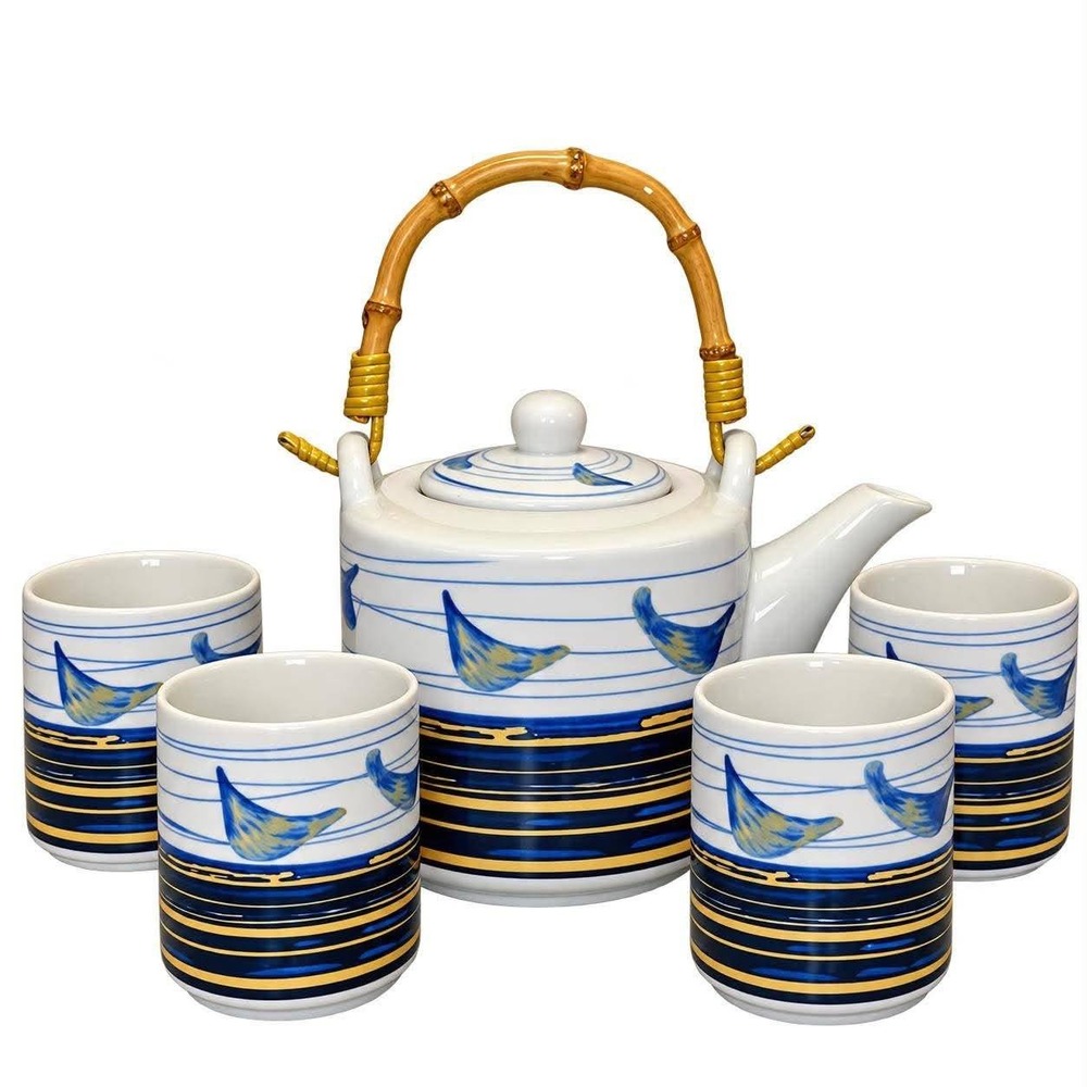 Ceramic Tea Set with Bamboo Handle Teapot 4 Cups Blue Gold Ginkgo Leaf Design
